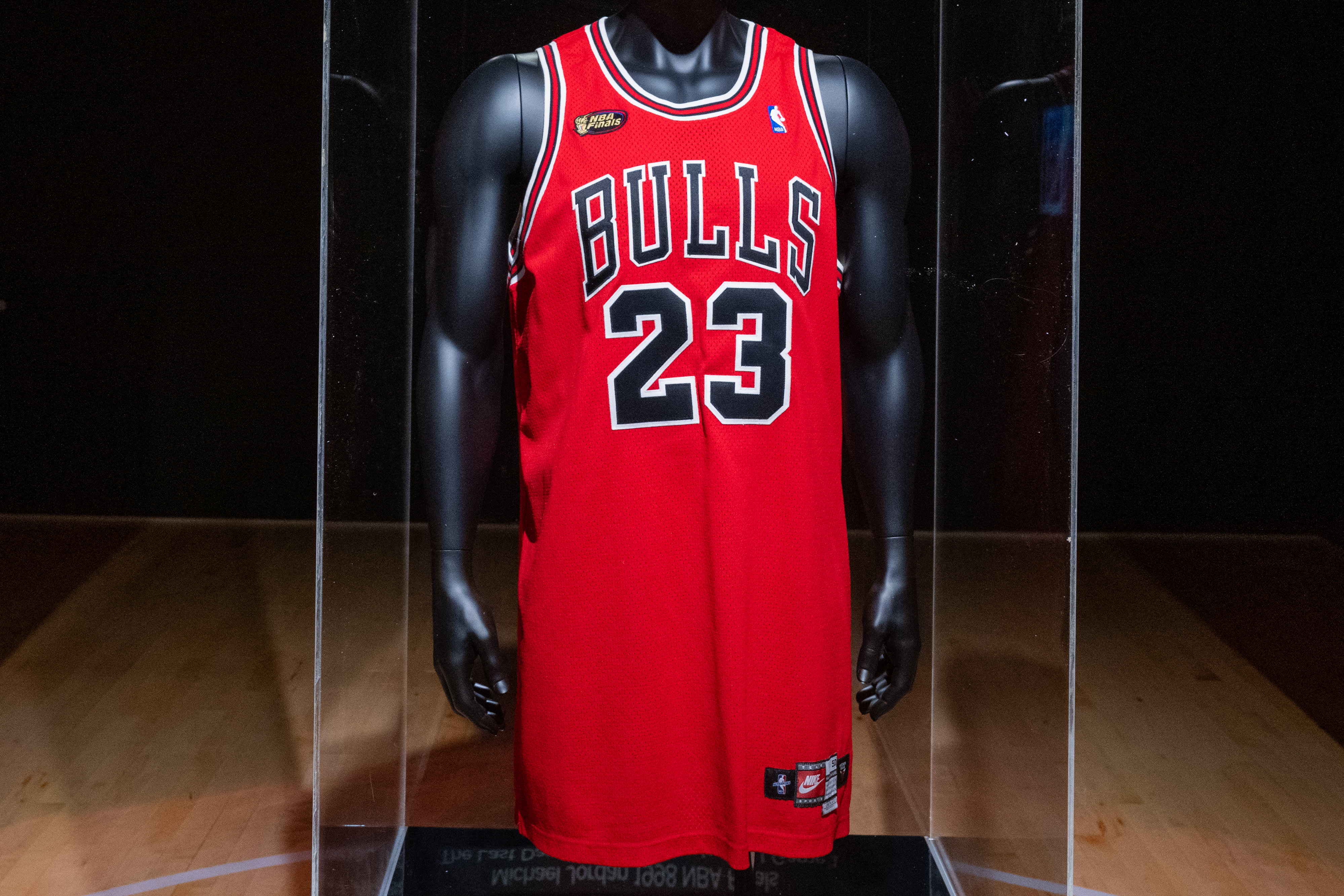 Michael Jordan’s game-worn 1998 NBA Finals ‘The Last Dance’ jersey from game 1 is on display during a press preview at Sotheby's on September 06, 2022 in New York City. The jersey is expected to achieve $3-5 million during the Invictus sports auction which will be held from September 6-14.