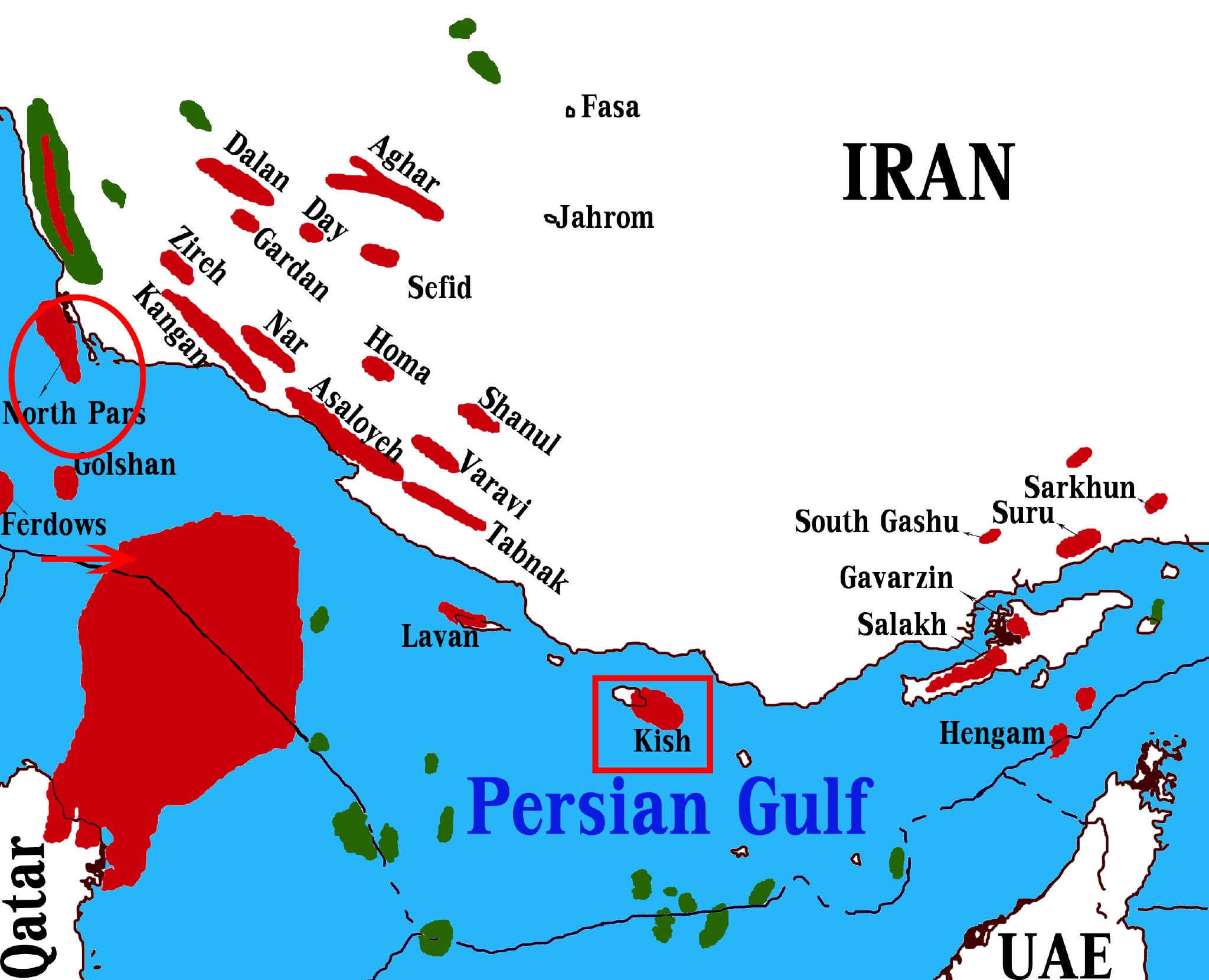 伊朗天然气田资料图：椭圆处为北帕尔斯，箭头处为南帕尔斯（黑线为国界），方形处为基什